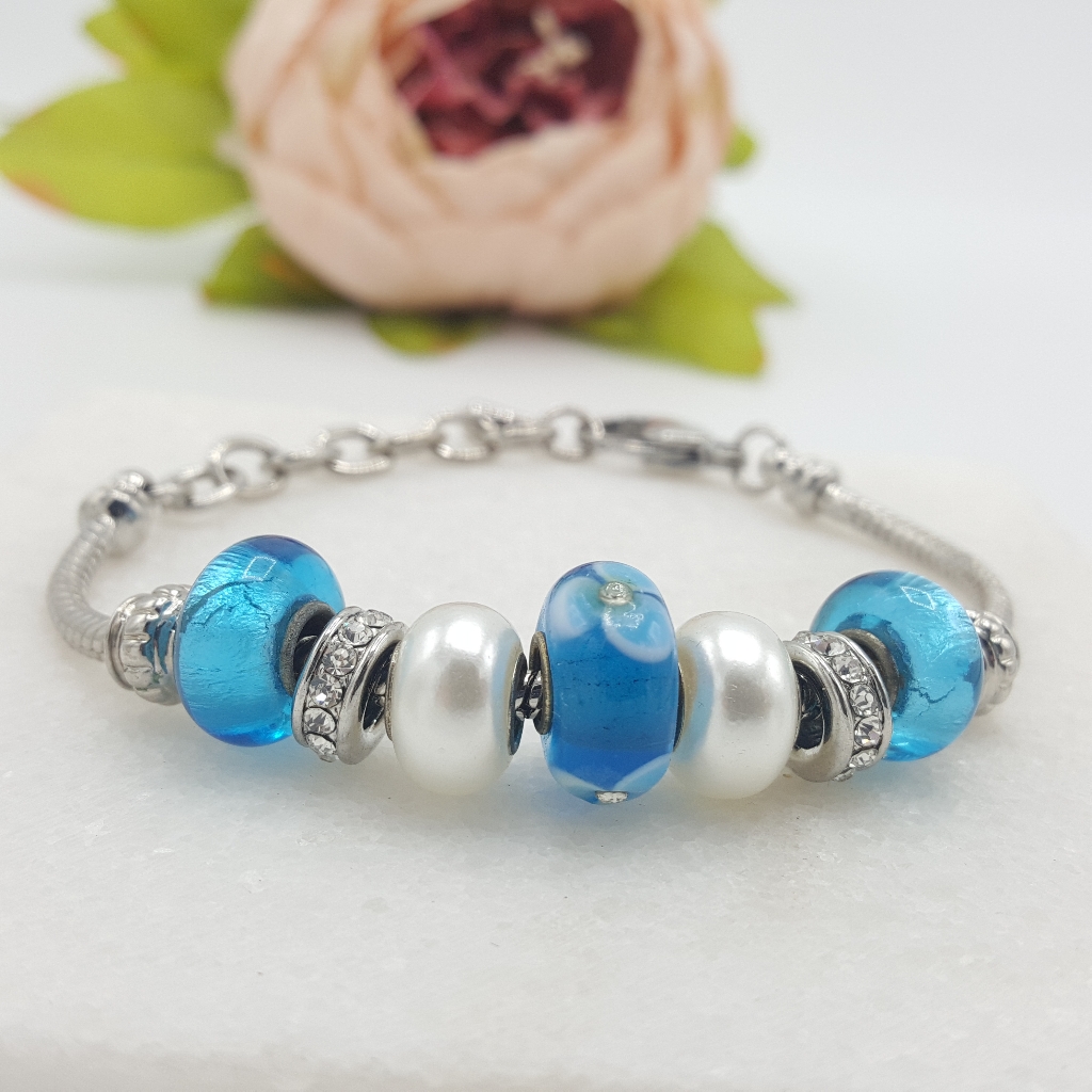 New Bella Perlina Blue Silver Floral Beaded Charm Bracelet 50$